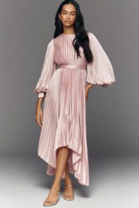 Image of sale on Mac Duggal Pleated Charmeuse Long-sleeve Midi Dress