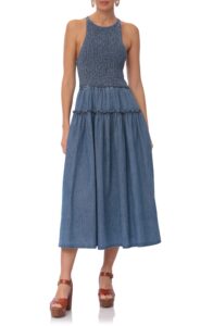 Image of sale on Smocked Bodice Chambray Midi Dress