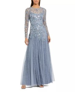 Image of sale on Embellished Mesh Long Sleeve Ruffle Hem Gown
