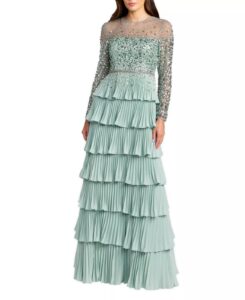 Image of sale on Crepe Ruffled Long Sleeve Evening Gown with Beaded Mesh Top