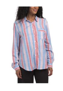Image of sale on Yarn Died Slub Strip Roll Puff Button Front Shirt