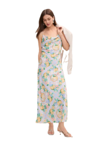Image of sale on Lemon Print Cowl Neck Slip Dress in Satin