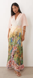 Image of sale on Petite Flutter Sleeve Wrap Maxi Dress in Pink Floral Border Scene