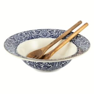 Image of sale on Thyme & Table Nova Ceramic 3-piece Serve Bowl Navy and White with Wood Serve Utensils
