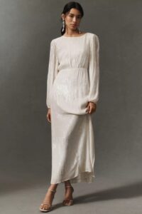 Image of sale on Rixo Coco Long-sleeve Boat-neck Sequin Midi Dress