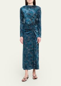 Image of sale on Ferrera Long-sleeve Floral Velvet Midi Dress