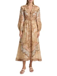 Image of sale on Wanderlust Printed Linen Plunge Midi-dress