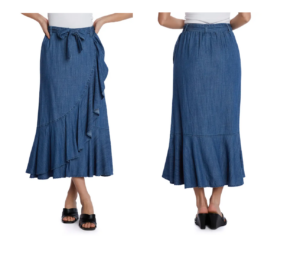 Image of sale on Ruffle Faux Wrap Denim Midi Skirt