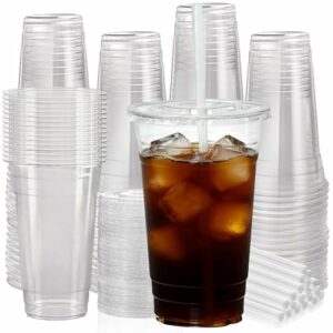 Image of sale on 100 Pack 24 Oz Clear Plastic Cups with Lids and Straws