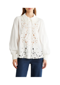 Image of sale on Embroidered Eyelet Puff Sleeve Button-up Shirt
