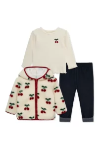 Image of sale on Cherry 3-Piece Rib Top, Knit Pants and Fleece Jacket Set 12-24m
