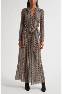 Image of sale on Klaudia Print Tie Waist Long Sleeve Silk Maxi Shirtdress