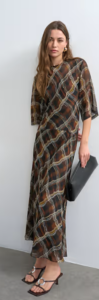 Image of sale on Curved Waistband Chiffon T-shirt Maxi Dress in Brown Warped Check Print