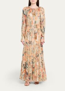 Image of sale on Xandra Tiered Metallic Floral-print Maxi Dress