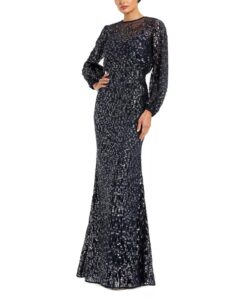 Image of sale on Sequin Long Sleeve Blouson Evening Gown