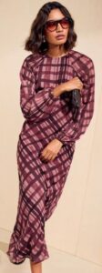 Image of sale on Long Sleeve Check Chiffon Midi Dress