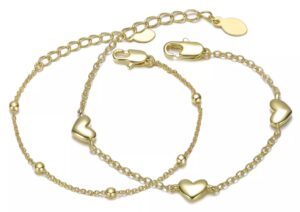 Image of sale on Dainty 14k Gold Plated Bead and Heart Station 2-piece Set Bracelet