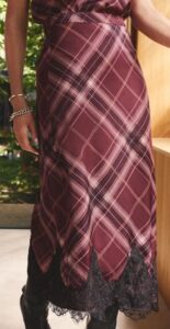 Image of sale on Burgundy Check Satin Lace Trim Midi Skirt
