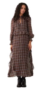 Image of sale on Long Sleeve Ruffle Midaxi Dress with Lace Detail in Brown Tartan