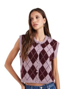 Image of sale on Cropped Knit Vest in Pink and Burgundy Argyle Plaid Print