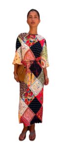 Image of sale on Mabel Plisse Three-quarter Length Sleeve Satin Midi Dress in Patchwork Print