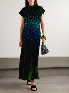 Image of sale on Fabienne Gathered Printed Velvet Midi Dress