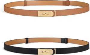 Image of sale on Women Skinny Leather Belt – Adjustable Dress Belt with Gold Buckle