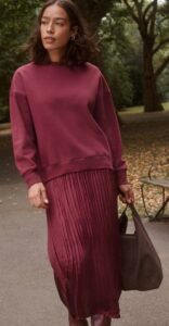 Image of sale on Burgundy Red 2-In-1 Sweatshirt With Satin Midi Skirt