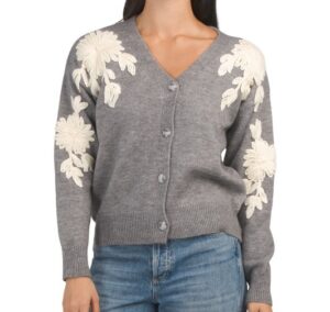 Image of sale on Button Front V-neck Cardigan With Embellished Sleeves